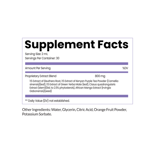 Supplement Facts label for Meno Morning Fat Burner. Serving Size: 2 mL, 30 servings per container. Contains an 800 mg Proprietary Extract Blend of Eleuthero Root, Kenyan Purple Tea Powder, Green Yerba Mate, Cissus quadrangularis Extract, and African Mango Extract. Daily Value not established.