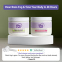 One jar each of GleeFull Meno Creatine and Hormonelyte (both white powder jars) on a white podium against a dark olive green background. Purple banner reads: 'Clear Brain Fog & Tone Your Body In 48 Hours'. A white powder scoop and a verified buyer quote from Karen M.: "I feel sharper and more energized..." (brain fog gone, body feels tighter and stronger).