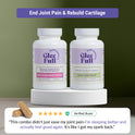 GleeFull Meno Joint Support System. One bottle each of GleeFull Over 30 Hormone Support and Meno Joint Relief (both white) on a white podium against a dark olive green background. Purple banner reads: 'End Joint Pain & Rebuild Cartilage'. Two tan capsules and a verified buyer quote: "This combo didn't just ease my joint pain — I'm sleeping better and actually feel good again. It's like I got my spark back."