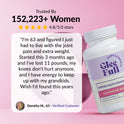 GleeFull review banner on pink: 'Trusted By 152,223+ Women, 4.8/5.0 stars'. Quote from Dorothy M., 63: figured she had to live with joint pain and extra weight, started this three months ago and lost 11 pounds, knees don't hurt anymore and she has energy to keep up with grandkids. White bottle shown at right.