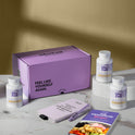 A hand holding a golden supplement capsule against a light gray background. Pink and purple headline text reads 'Cools Hot Flashes. Triggers Deep REM Sleep. Wakes You Up Refreshed & Energized.' A purple circular badge reads 'How to Use: Take just 2 capsules 30 minutes before bed to fall asleep faster and enjoy deeper, uninterrupted sleep.'