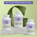 Three white GleeFull Menobelly Night Burn bottles on marble blocks against a green background. Purple banner reads: 'Burn 4 Pounds Of Belly Fat While You Sleep'. Labels read 'Deeper & More REM Sleep, 60 Capsules'.
