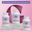 Three white GleeFull Estro-Harmony bottles on marble blocks against a pink background. Purple banner reads: 'Balance Estrogen To Beat PMS Cramps And Hormonal Acne'. Labels read 'Supports Mood and Energy Levels, Estro-Harmony, 60 Capsules'.
