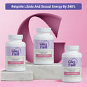 Three white GleeFull Eternal Passion bottles on marble blocks against a pink background. Purple banner reads: 'Reignite Libido And Sexual Energy By 348%'. Labels read 'Promotes Healthy Libido Levels, Eternal Passion, 90 Capsules'.