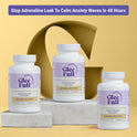 Three white GleeFull Adrenal Restore bottles on marble blocks against a yellow background. Purple banner reads: 'Stop Adrenaline Leak To Calm Anxiety Waves In 48 Hours'. Labels read 'Reduce Stress and Calm Anxiety, Adrenal Restore, 30 Capsules'.