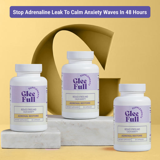 Three white GleeFull Adrenal Restore bottles on marble blocks against a yellow background. Purple banner reads: 'Stop Adrenaline Leak To Calm Anxiety Waves In 48 Hours'. Labels read 'Reduce Stress and Calm Anxiety, Adrenal Restore, 30 Capsules'.