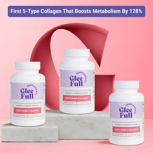 Three white GleeFull Meno-Burn Collagen bottles on marble blocks against a pink background. Purple banner reads: 'First 5-Type Collagen That Boosts Metabolism By 128%'. Labels read 'Supports Stubborn Fat Burn, 60 Capsules'.