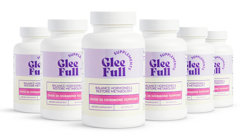 Multiple bottles of Glee Full supplements on a white background