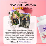 Customer review banner for GleeFull on a pink background. Heading reads: 'Trusted By 152,223+ Women, 4.8/5.0 stars' with five gold stars. Featuring a verified customer quote from Debbie A., age 55: 'I was gaining weight like crazy during menopause and nothing worked. Started this about 2 weeks in and my whole body started shrinking—belly, arms, thighs, everything. I'm down 23 lbs at 55 years old and my jeans are...'. A bottle of GleeFull Meno-Shred Fat Burner is shown on the right.