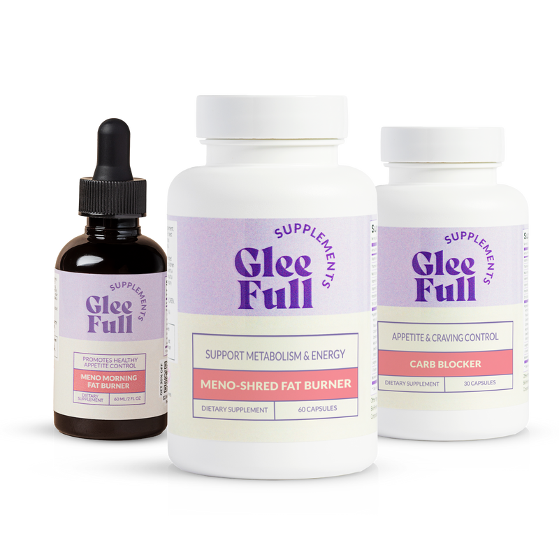 GleeFull Ultra Fat Burner Bundle. One bottle each of GleeFull Meno Morning Fat Burner (amber dropper), Meno-Shred Fat Burner (white), and Carb Blocker (white) on white podiums against a burgundy background. Purple banner reads: 'Maximum-Strength Fat-Burning Stack For Rapid Weight Loss And Metabolism Transformation'.