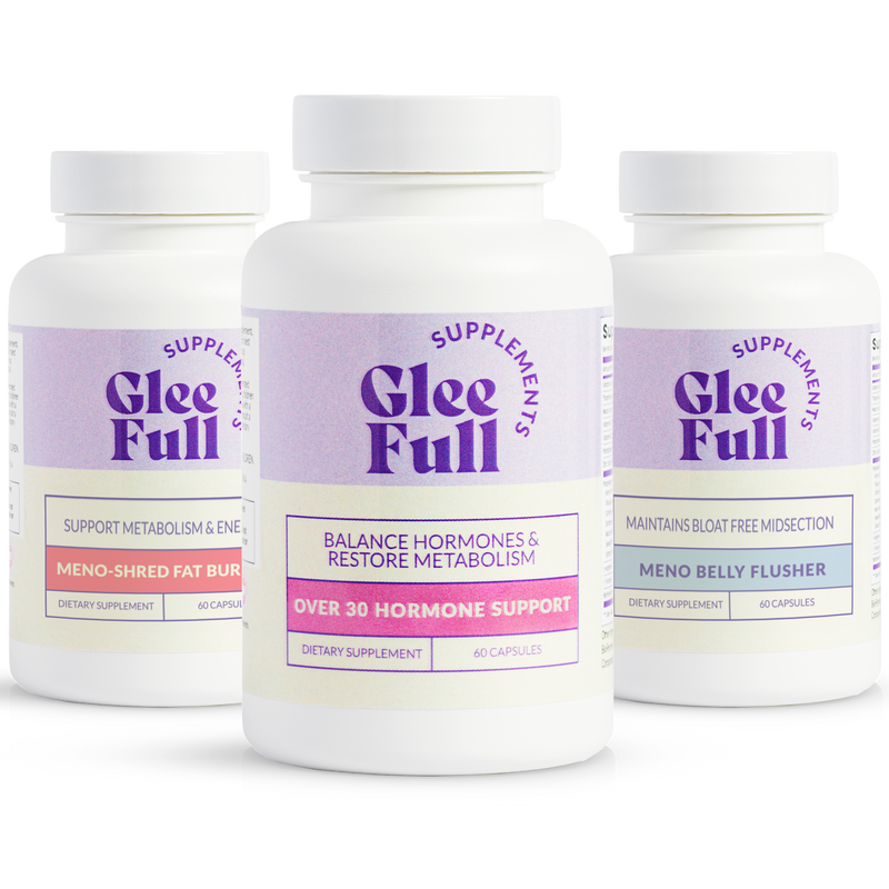 A bundle of three Glee Full supplement bottles: Meno-Shred Fat Burner, Over 30 Hormone Support, and Meno Belly Flusher.