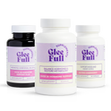 One bottle each of GleeFull Over 30 Hormone Support Plus (dark amber), Over 30 Hormone Support (white), and Estro-Harmony (white) on white podiums against a burgundy background. Purple banner reads: 'Total Hormone Rebalance To End Hot Flashes & Melt Fat'. 