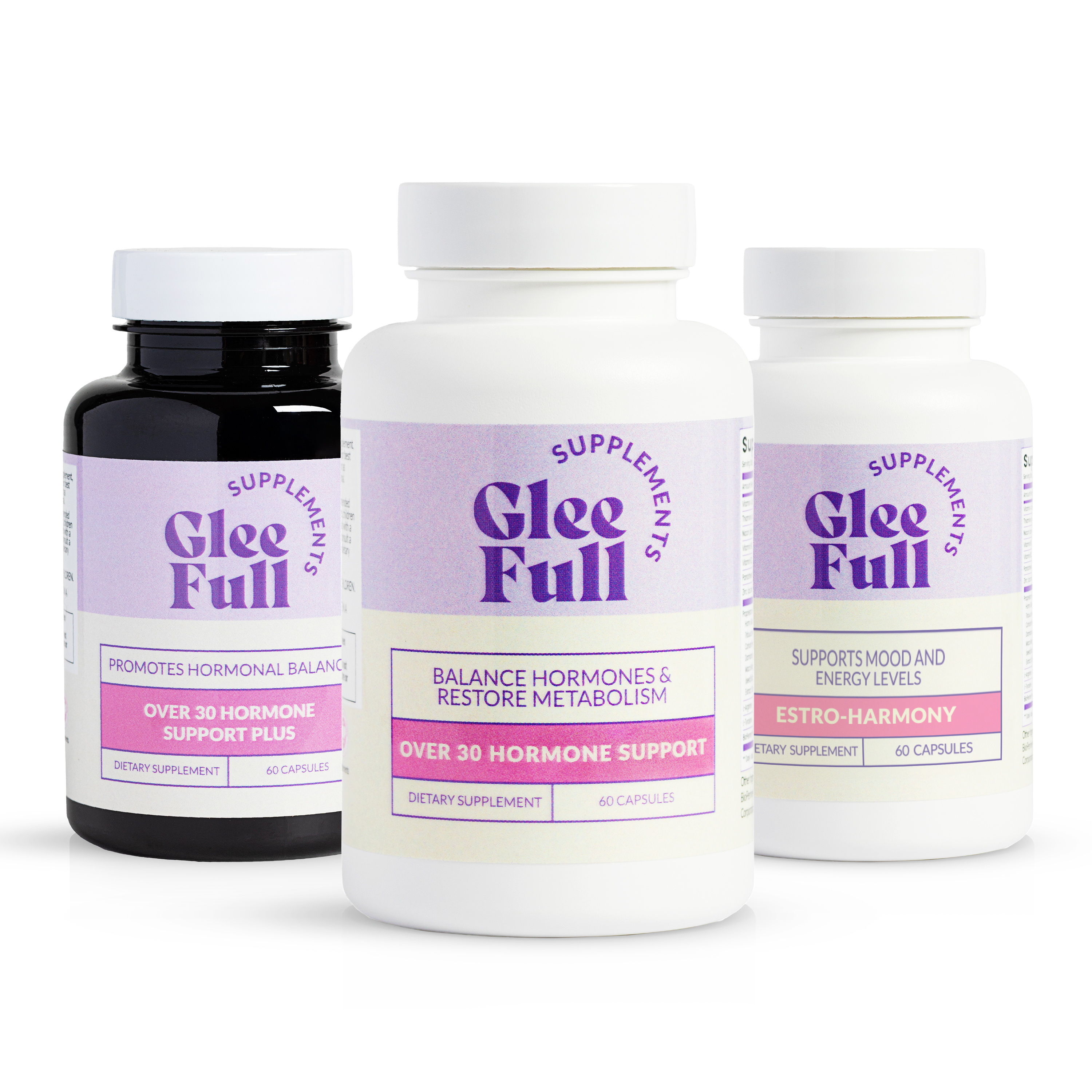 One bottle each of GleeFull Over 30 Hormone Support Plus (dark amber), Over 30 Hormone Support (white), and Estro-Harmony (white) on white podiums against a burgundy background. Purple banner reads: 'Total Hormone Rebalance To End Hot Flashes & Melt Fat'. 