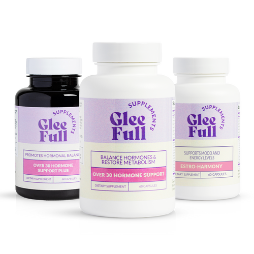 One bottle each of GleeFull Over 30 Hormone Support Plus (dark amber), Over 30 Hormone Support (white), and Estro-Harmony (white) on white podiums against a burgundy background. Purple banner reads: 'Total Hormone Rebalance To End Hot Flashes & Melt Fat'. 