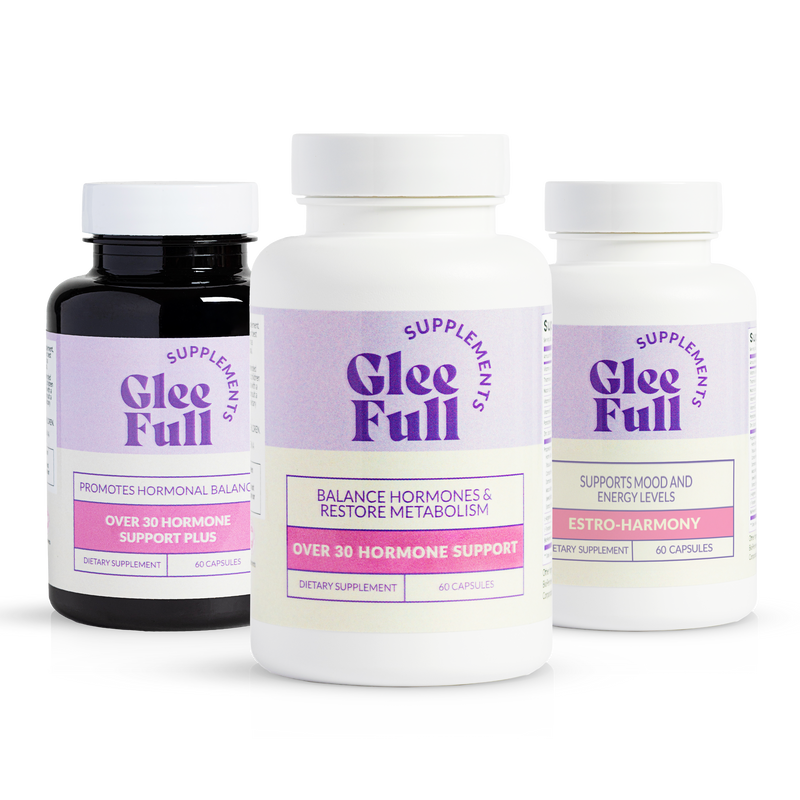 One bottle each of GleeFull Over 30 Hormone Support Plus (dark amber), Over 30 Hormone Support (white), and Estro-Harmony (white) on white podiums against a burgundy background. Purple banner reads: 'Total Hormone Rebalance To End Hot Flashes & Melt Fat'. 