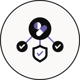 A circular icon featuring a white pill capsule with purple and blue halves, connected by lines to a black shield with a checkmark and two black circles with checkmarks, all on a white background.