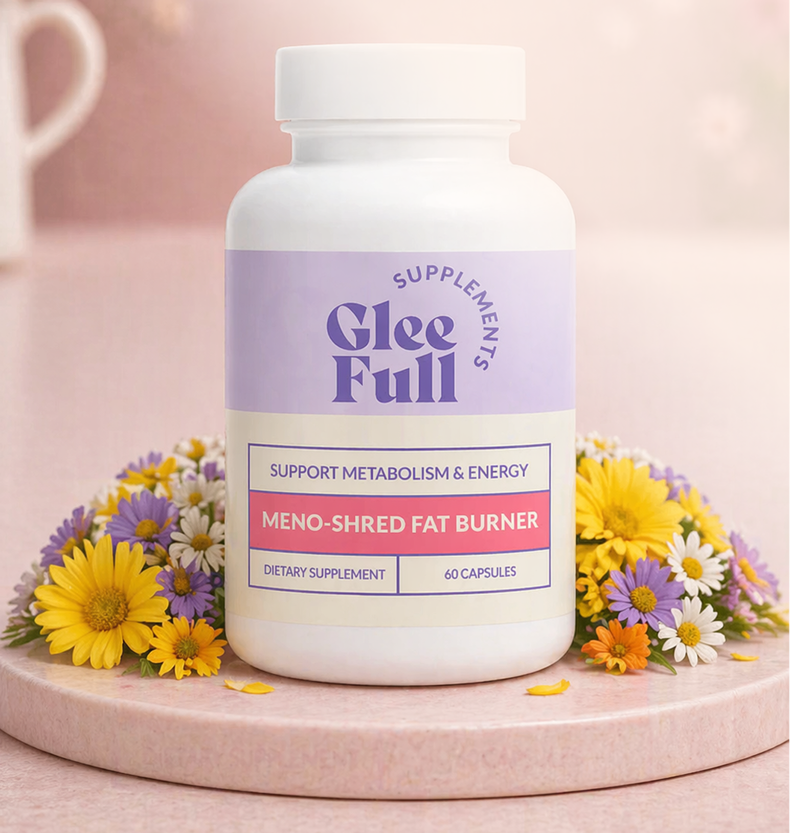 Gleefull Supplements Meno-Shred Fat Burner bottle for metabolism and energy support, surrounded by spring flowers