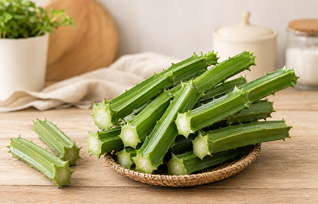 Fresh Cissus Quadrangularis (Asian bone vine) stems in a woven basket
