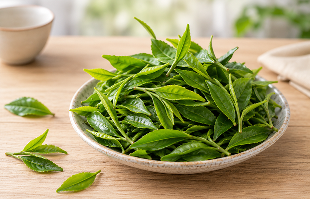 Fresh green tea leaves in a white bowl