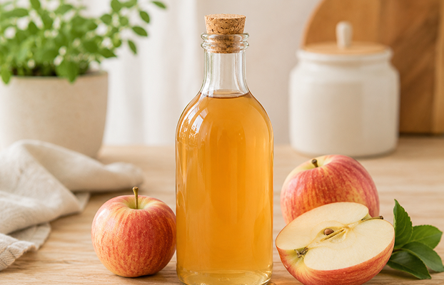 Apple cider vinegar in a corked glass bottle next to whole and sliced apples