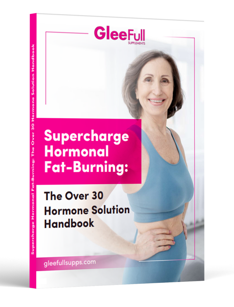 Cover of the 'Over 30 Hormone Solution Handbook' by GleeFull, featuring a smiling woman in workout attire with text detailing the book's focus on hormonal fat-burning.