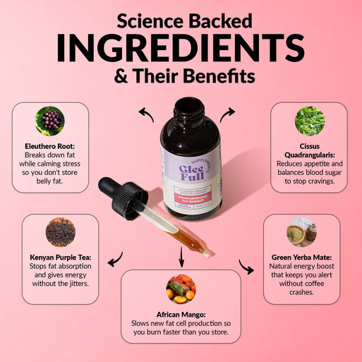 Infographic titled 'Science Backed INGREDIENTS & Their Benefits' on a pink background. An amber dropper bottle of Meno Morning Fat Burner sits in the center with the dropper laid in front, with arrows pointing to five key ingredients: Eleuthero Root (breaks down fat while calming stress so you don't store belly fat), Cissus Quadrangularis (reduces appetite and balances blood sugar to stop cravings), Kenyan Purple Tea (stops fat absorption and gives energy without the jitters), African Mango (slows new fat c