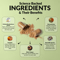 'Science Backed Ingredients & Their Benefits' infographic on green with an open capsule spilling powder. Five ingredients: MSM (fights inflammation and joint swelling), Turmeric (lowers pain-causing enzymes), Black Pepper (boosts turmeric absorption 2000%), GlucosaGreen (rebuilds cartilage), and Boswellia Serrata (reduces swelling and inflammation).