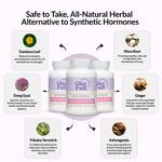 Infographic for GleeFull Over 30 Hormone Support, highlighting it as a safe, all-natural herbal alternative to synthetic hormones featuring six key ingredients: Damiana Leaf, Maca Root, Dong Quai, Ginger, Tribulus Terrestris, and Ashwaganda. Detailed ingredient descriptions are listed below.