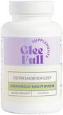 Meno Belly Night Burn Supplement bottle labeled 'GleeFull' with purple and white design on a white background
