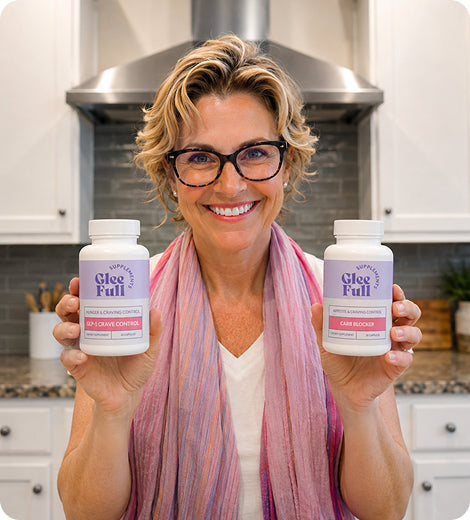 Woman holding two bottles of GleeFull supplement in a kitchen.