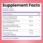Supplement Facts label for Meno-Shred Fat Burner. Serving Size: 2 Capsules, 30 servings per container. Contains Garcinia cambogia Extract 60% Hydroxycitric Acid HCA (600 mg), Cissus quadrangularis Extract (300 mg), Green Tea Extract (270 mg), Apple Cider Vinegar Powder (250 mg), and African Mango Extract (100 mg). Daily Value not established for these ingredients.