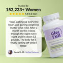 GleeFull review banner on green: 'Trusted By 152,223+ Women, 4.8/5.0 stars'. Quote from Connie D., 55: was waking every few hours and gaining weight, now sleeps through the night and is down 13 pounds with belly fat coming off during sleep. White bottle shown at right.