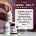 GleeFull review banner on burgundy: 'Trusted By 152,223+ Women, 4.8/5.0 stars'. Quote from Catherine L., 51: bundle gave her life back, hot flashes gone, mood stable, sleeping through the night, down 18 pounds, feels like herself for the first time in 4 years. Three bottles (Over 30 Hormone Support, Estro-Harmony, Over 30 Hormone Support Plus) and a glass of water shown at left.