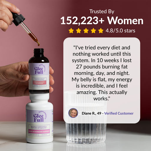 GleeFull review banner on burgundy: 'Trusted By 152,223+ Women, 4.8/5.0 stars'. Quote from Diane R., 49: tried every diet without success until this system, lost 27 pounds in 10 weeks burning fat morning, day and night, belly flat and energy incredible. Meno Morning Fat Burner and Over 30 Hormone Support bottles shown.