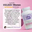GleeFull review banner on pink: 'Trusted By 152,223+ Women, 4.8/5.0 stars'. Quote from Amanda S., 42: hormonal acne was so bad she didn't want to leave the house and PMS was ruining a week every month, after six weeks her skin is almost completely clear and her period comes and goes without the usual drama. White bottle shown at right.