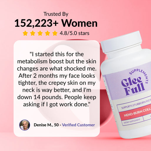 GleeFull review banner: 'Trusted By 152,223+ Women, 4.8/5.0 stars'. Quote from Denise M., 50: started for the metabolism boost but the skin changes shocked her, after two months her face looks tighter, neck crepiness improved, down 14 pounds, people ask if she got work done. White bottle shown at right.