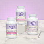 Three bottles of GleeFull Over 30 Hormone Support on a light purple background