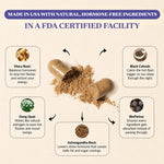 An infographic headline reading "MADE IN USA WITH NATURAL, HORMONE-FREE INGREDIENTS IN A FDA CERTIFIED FACILITY." The center shows an open supplement capsule spilling herbal powder. Arrows point outward to five ingredient cards with descriptions: Maca Root for hormone balance, Black Cohosh for hot flashes, Dong Quai for natural estrogen, Ashwagandha Root for lowering stress hormones, and BioPerine for maximum ingredient absorption.