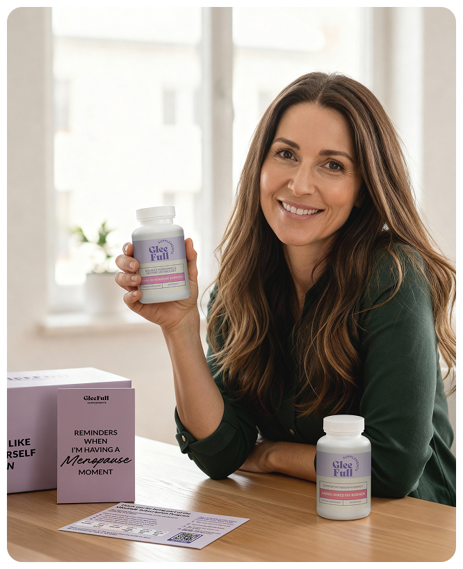 Woman holding a GleeFull supplement bottle with packaging on a table.