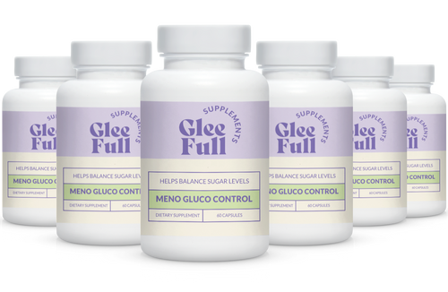 Six white Gleefull Supplements Meno Gluco Control bottles arranged in a group with the center bottle prominent and the others fanning out behind it. Each label reads 'Helps Balance Sugar Levels — Meno Gluco Control, Dietary Supplement, 60 Capsules.'