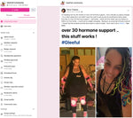 Screenshot of a Facebook post in the GleeFull Community by Tawny Timpany. The text reads: 'over 30 hormone support .. this stuff works ! #Gleeful'. Her post notes that she is in her 6th month using the product and it gave her the mindset and drive back to roller skate. The attached photo shows her standing in roller skating gear and smiling.
